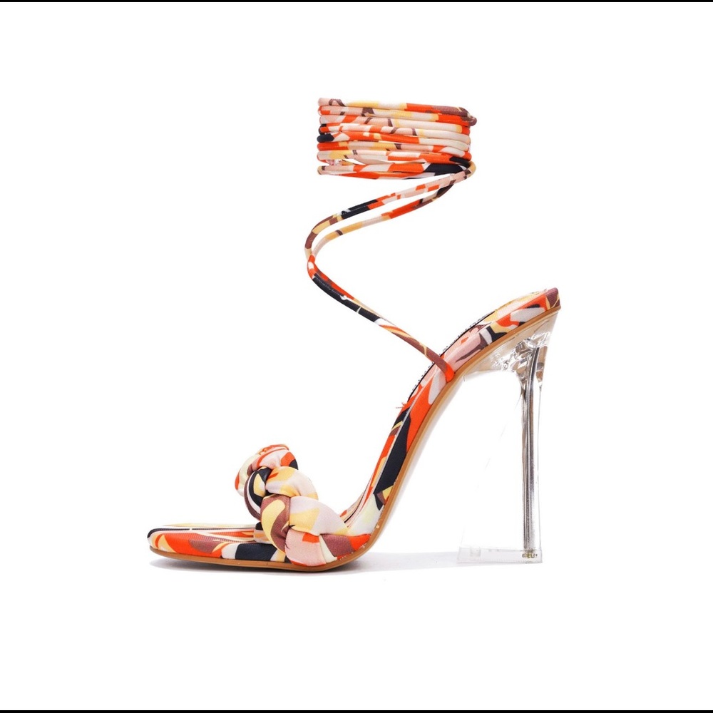 Multi colored Skinny high heel sandal with wrap around strap and braided upper